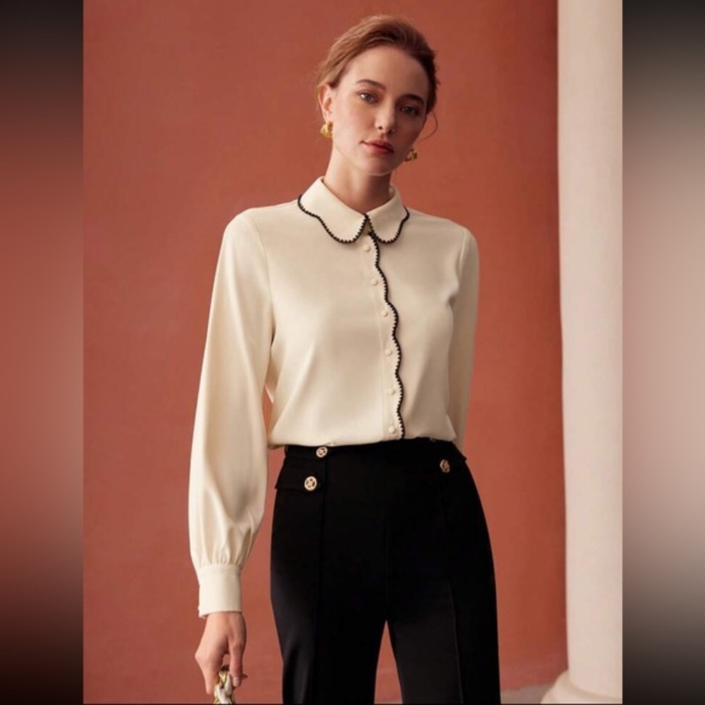 SHEIN Cream Blouse with Scallop Trim - S